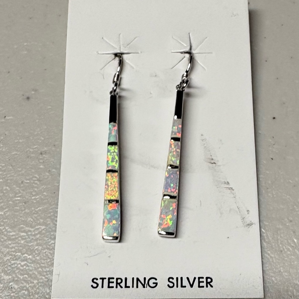 Firey Opal Inlay Sterling Silver Drop Earrings - White Opalescent - Picture 2 of 3